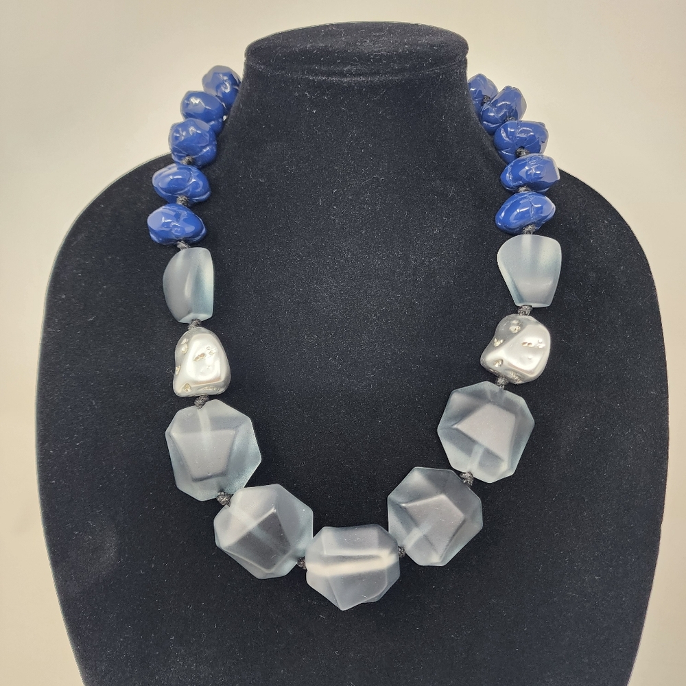 Oversized Blue Gray Beaded Statement Necklace Sil… - image 2